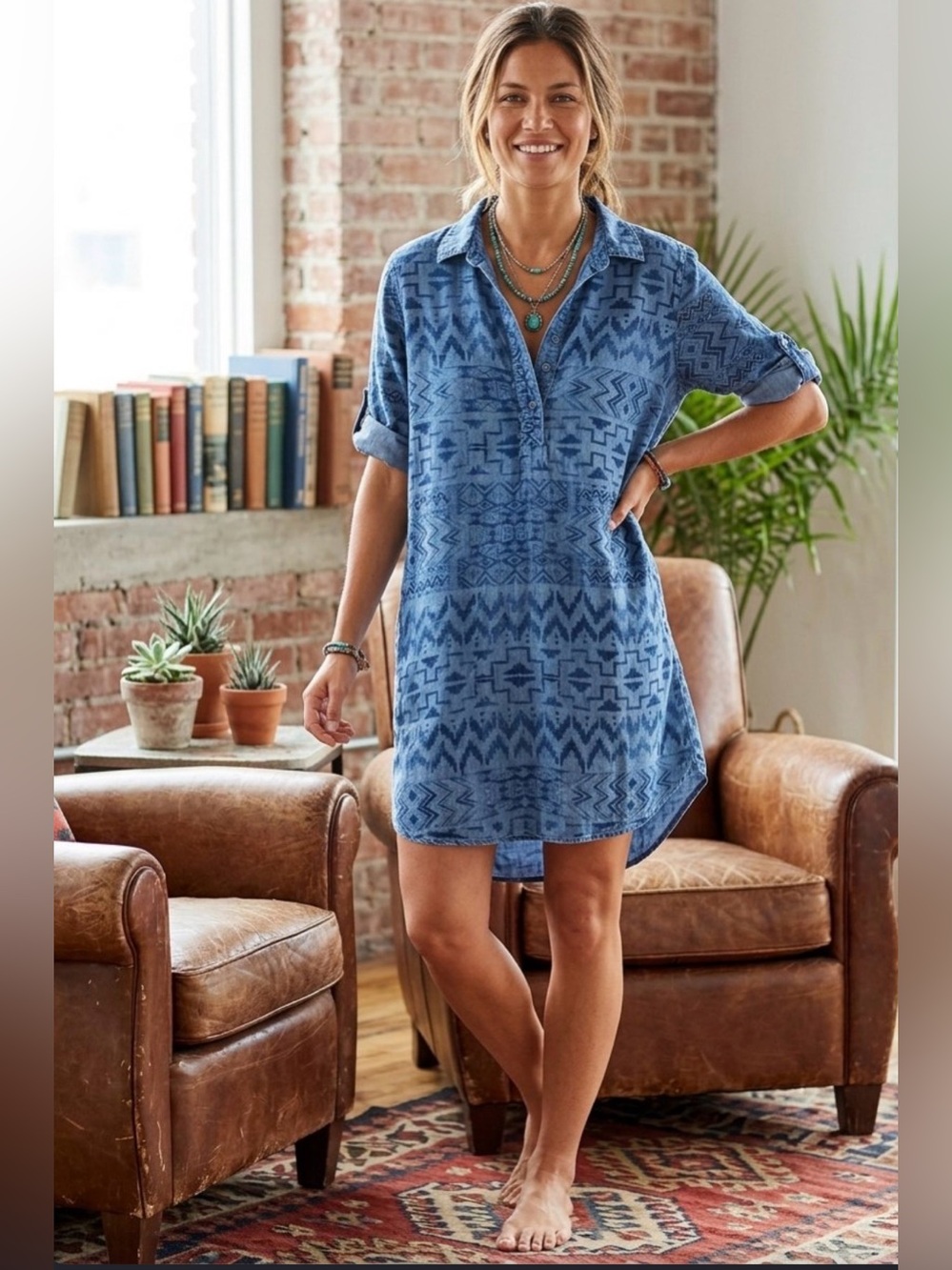 Philosophy Womens XL Tencel Denim Shirt Dress Blue Geometric Tunic Roll Tab